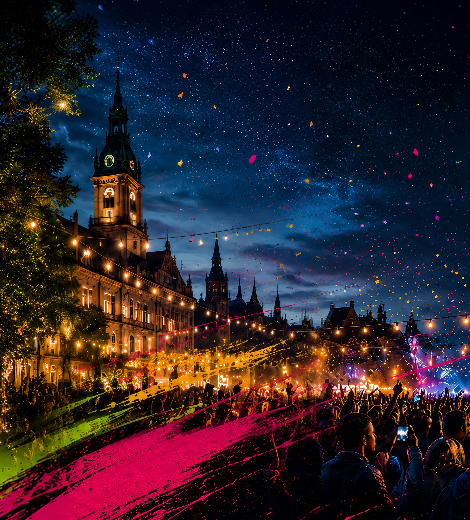 Konzeptvisualisierung: ausgelassene Festivalstimmung auf einem beleuchteten Stadtplatz